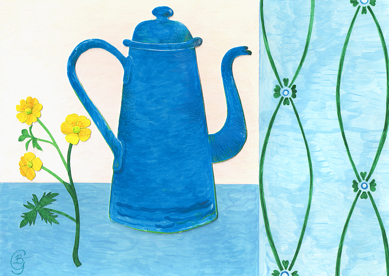Giclée print entitled Buttercups and Coffee Pot by Bronwen Glazzard