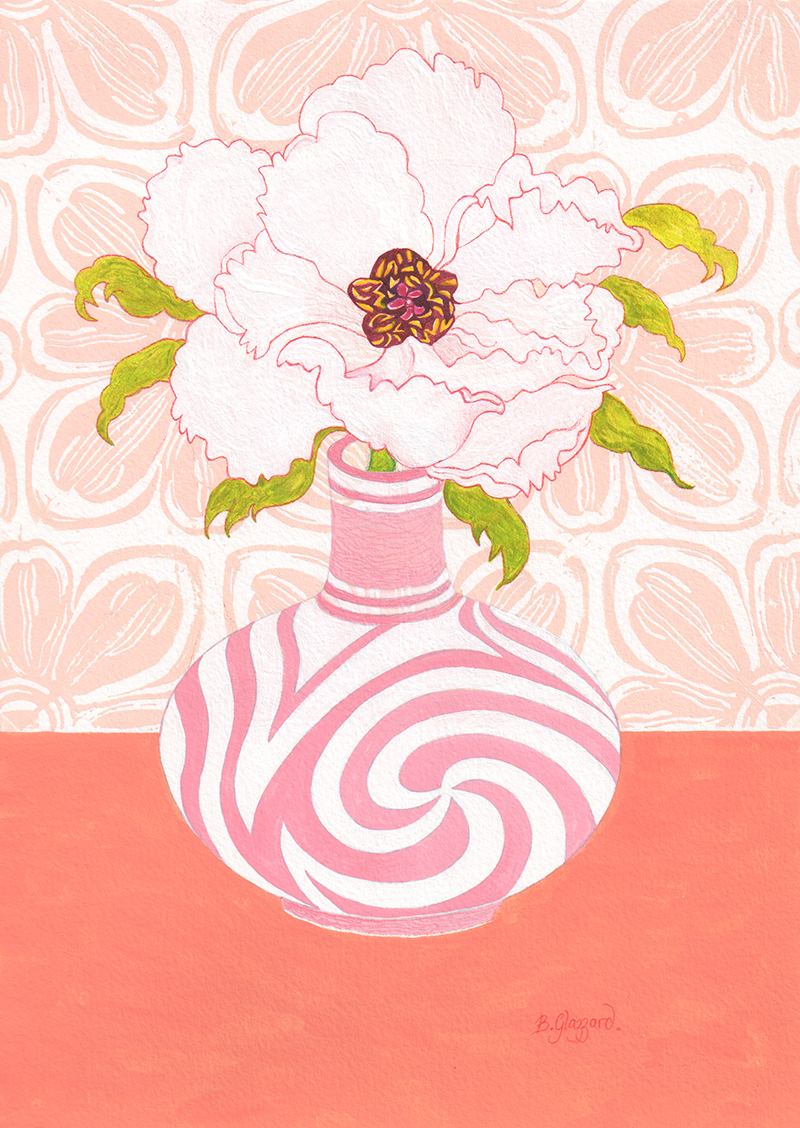 Peony in Striped Vase - print by Bronwen Glazzard